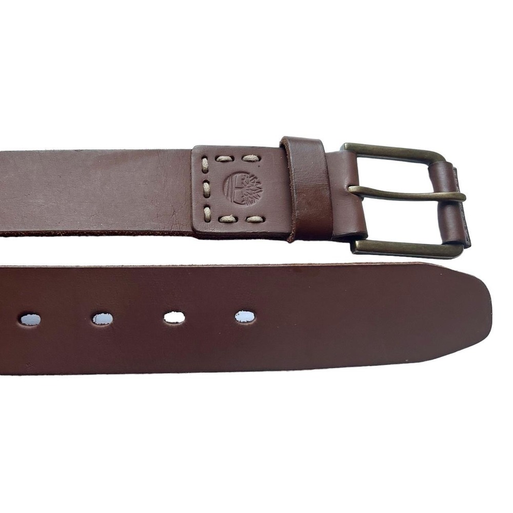 Timberland Mens Brown Genuine Leather Belt Size 32 Whipstitch Logo Buckle